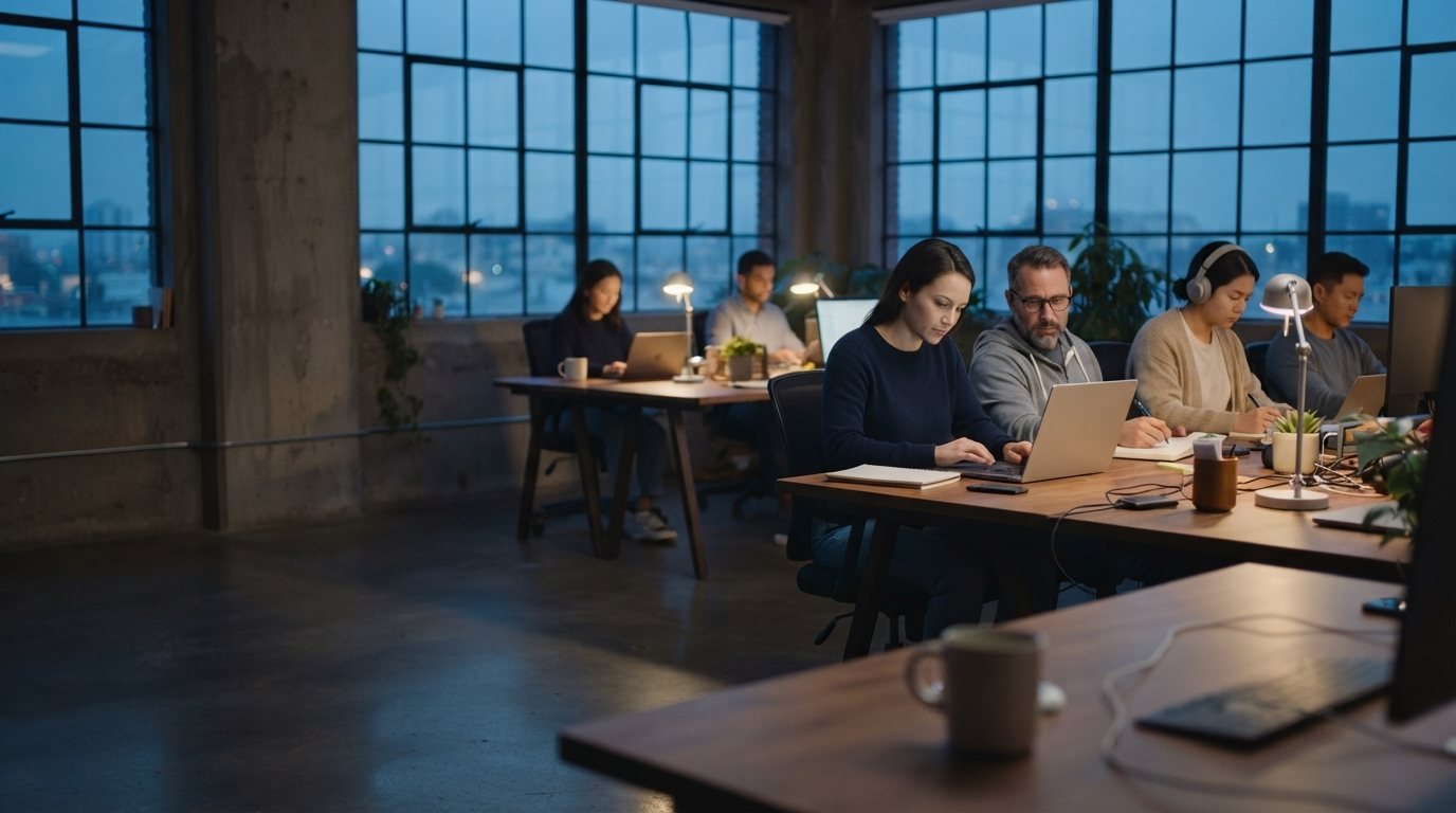 An open-plan office at dusk with colleagues working at their desks.