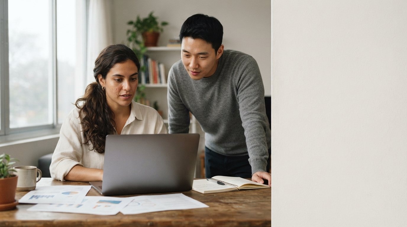 A quality lead and a colleague reviewing conversations together on a laptop.