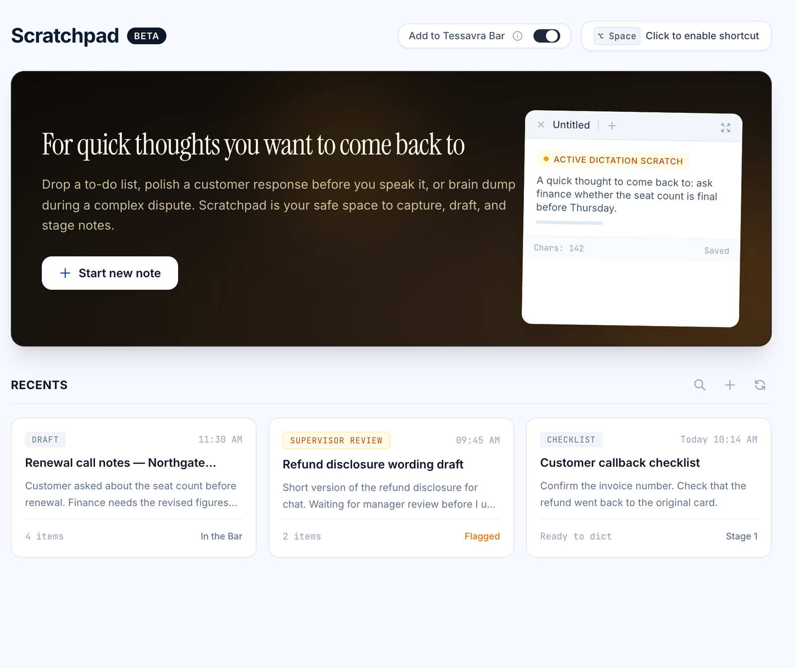 The Scratchpad screen: a new note and recent drafts and checklists.
