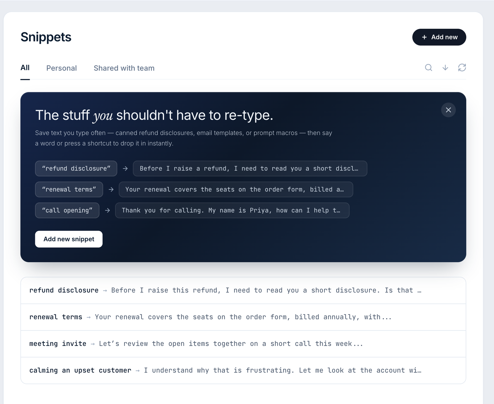The Snippets screen: a refund disclosure, renewal terms and a call opening, each with its trigger word.