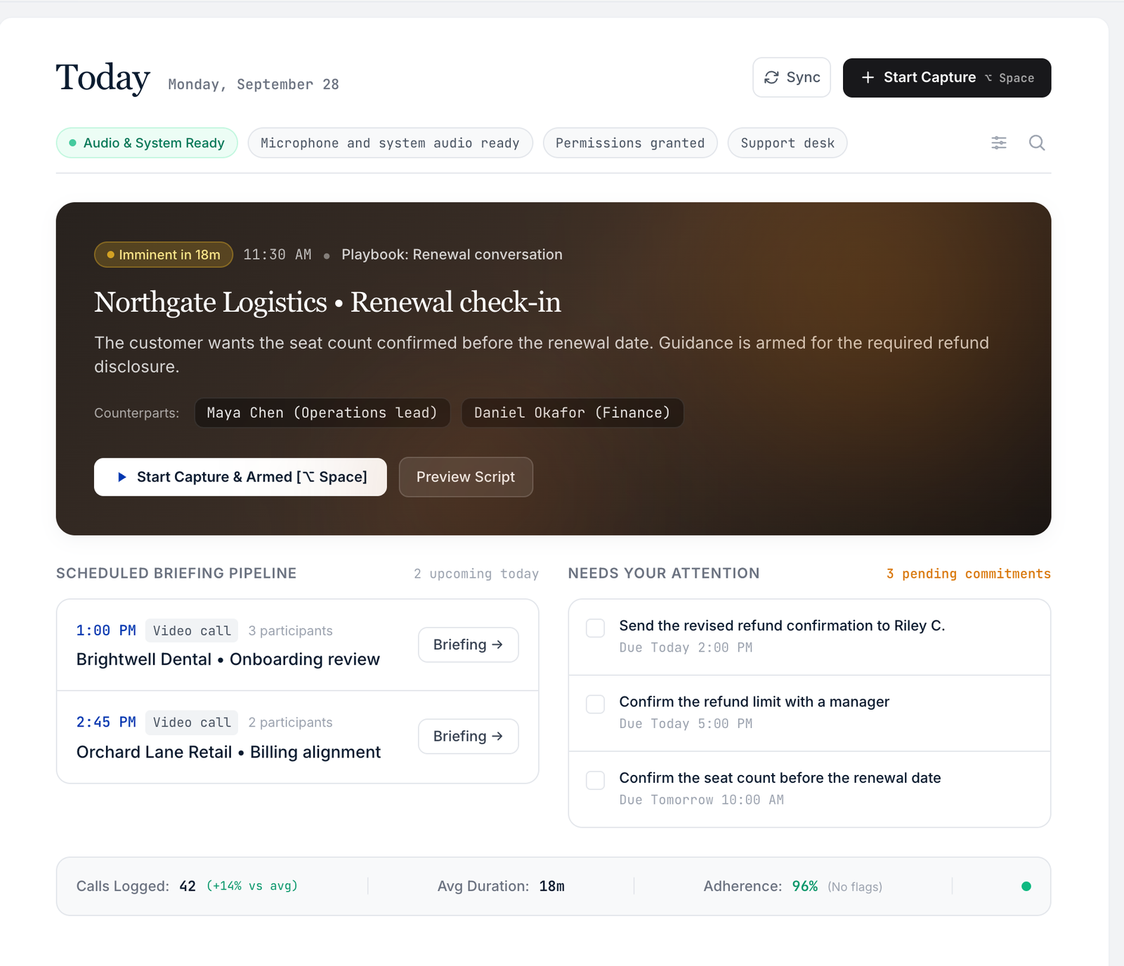 The Today screen: the day’s meetings, recent notes and tools in one view.