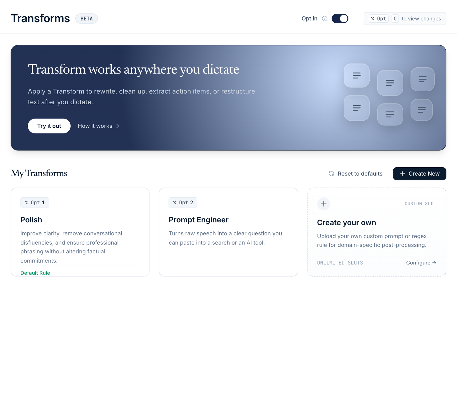 The Transforms screen: Polish and Prompt engineer on shortcuts one and two.