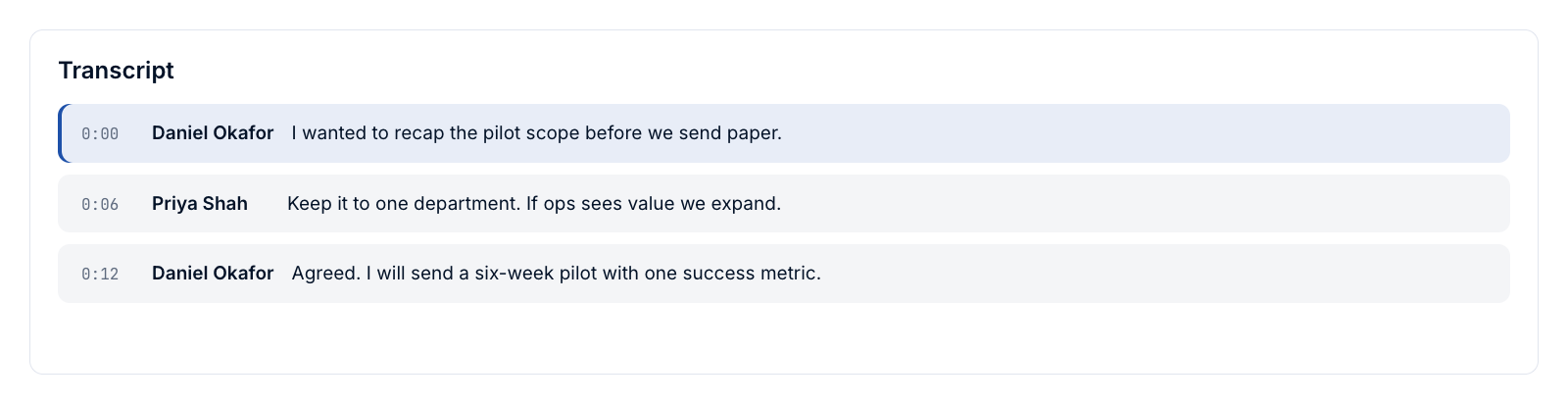 A sales call transcript with speakers and timestamps. Fictional data.