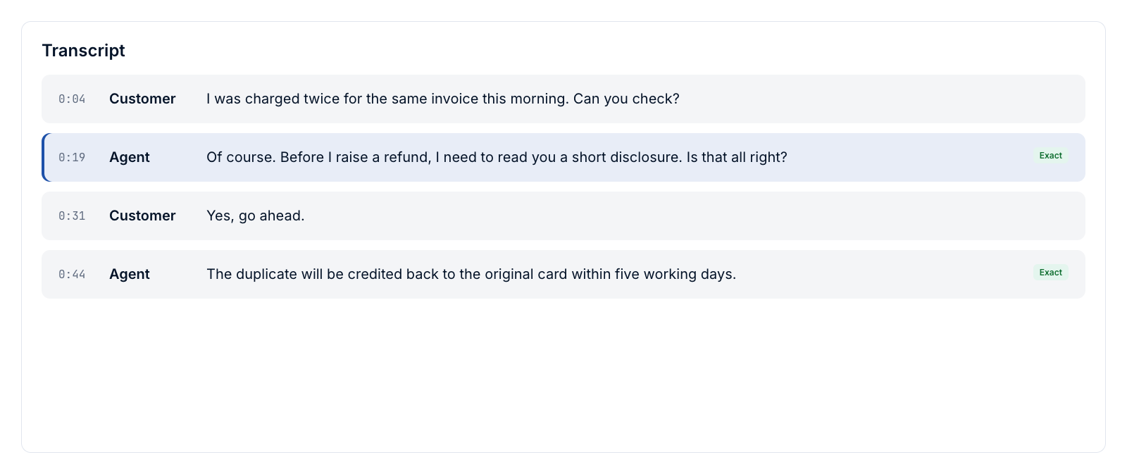 A transcript with speakers and timestamps, kept line by line.