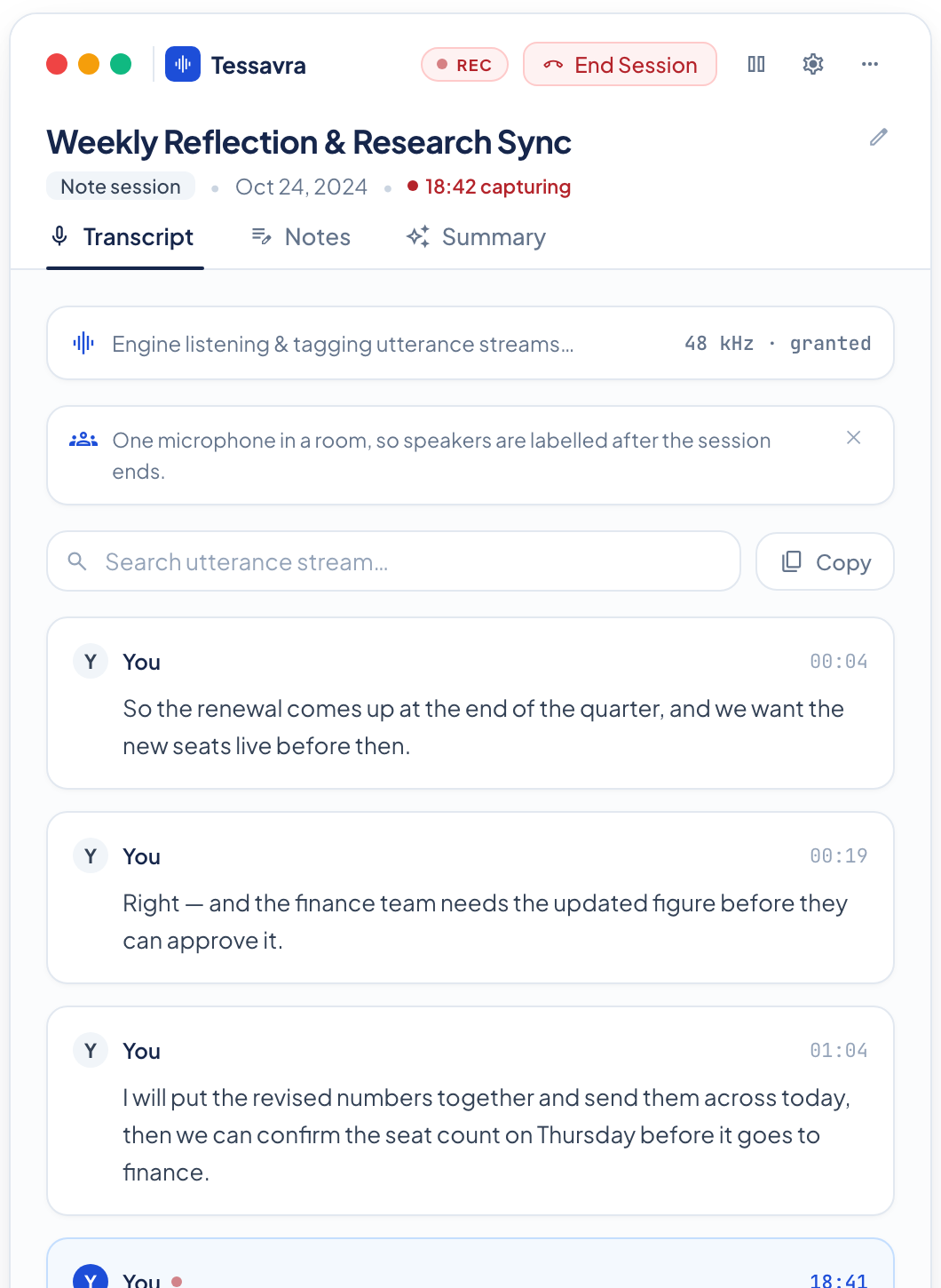 The Panel for everyday use: a note session with a transcript, speakers and notes.